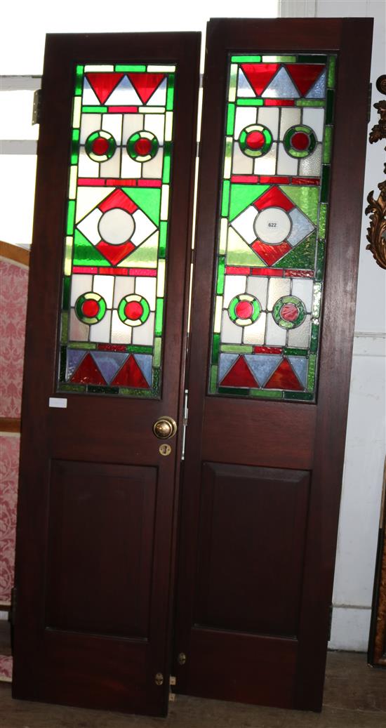 Pair of mahogany stained glass panelled doors